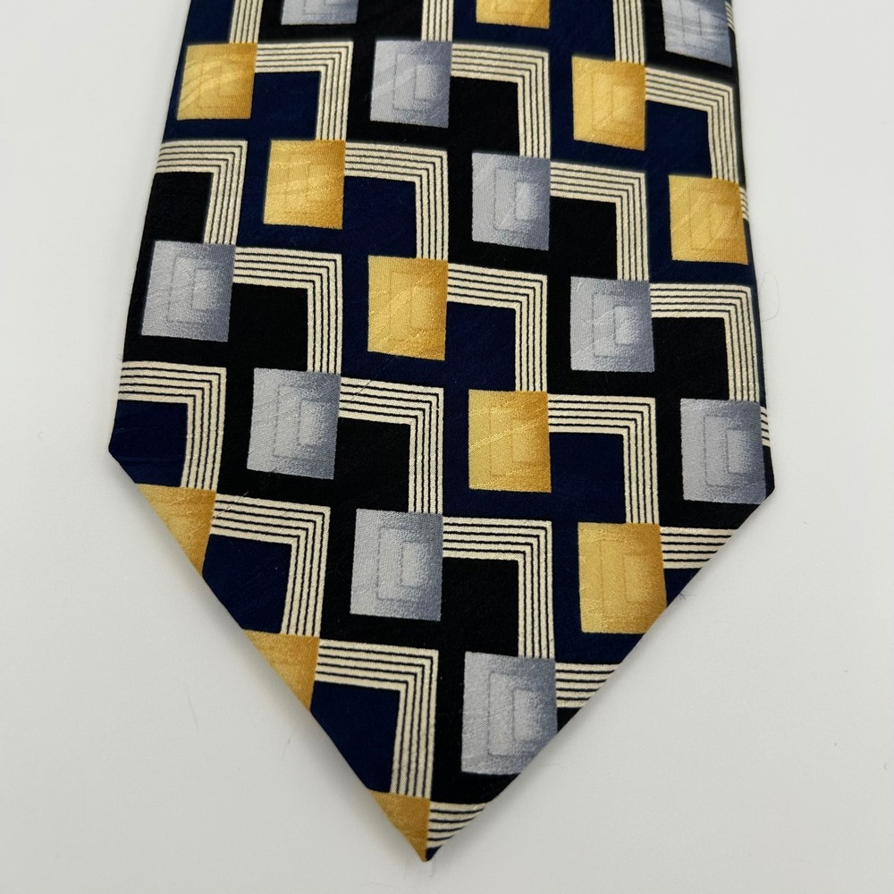 Mosaic Necktie Mens OS Gold Silver Blue Silk Geometric Professional Vintage